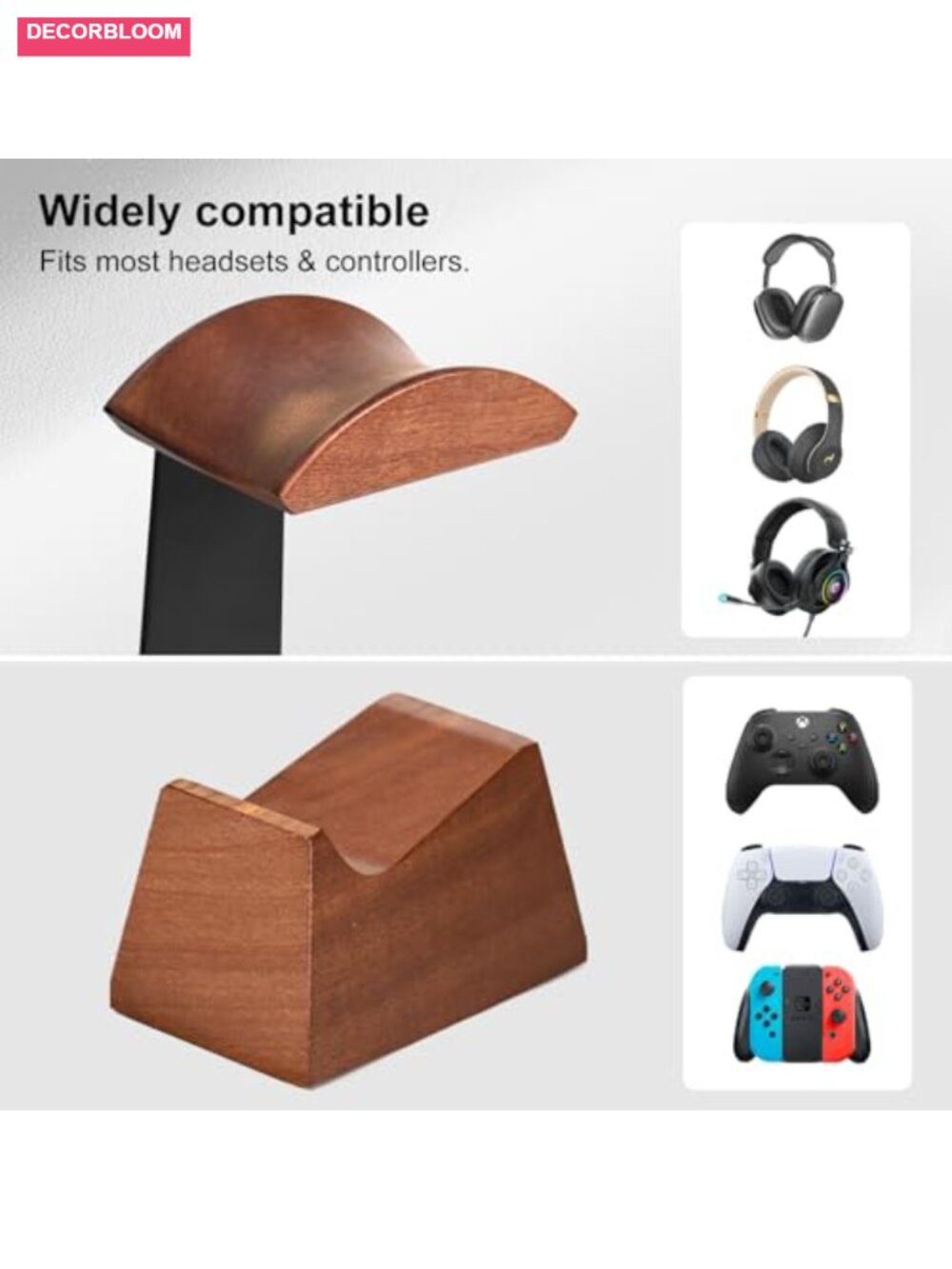 Solid Wood Gaming Headset Stand with Dual Controller Holders Desk Organizer - Picture 3 of 6